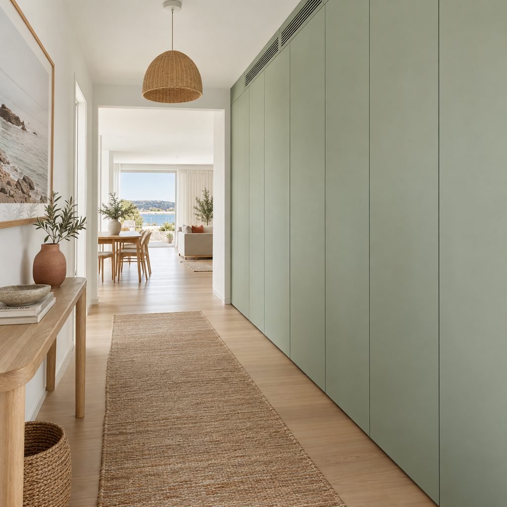 Hallway with closed sage green handleless floor-to-ceiling cupboard doors that hide a laundry, with a slim vent grille at the top