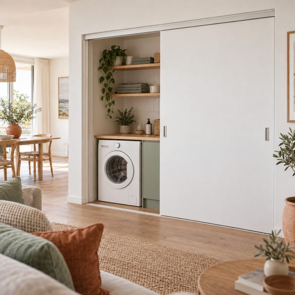European laundry in a living area behind two white sliding doors, one slid open to show a front-loading washer under an oak benchtop and open shelves
