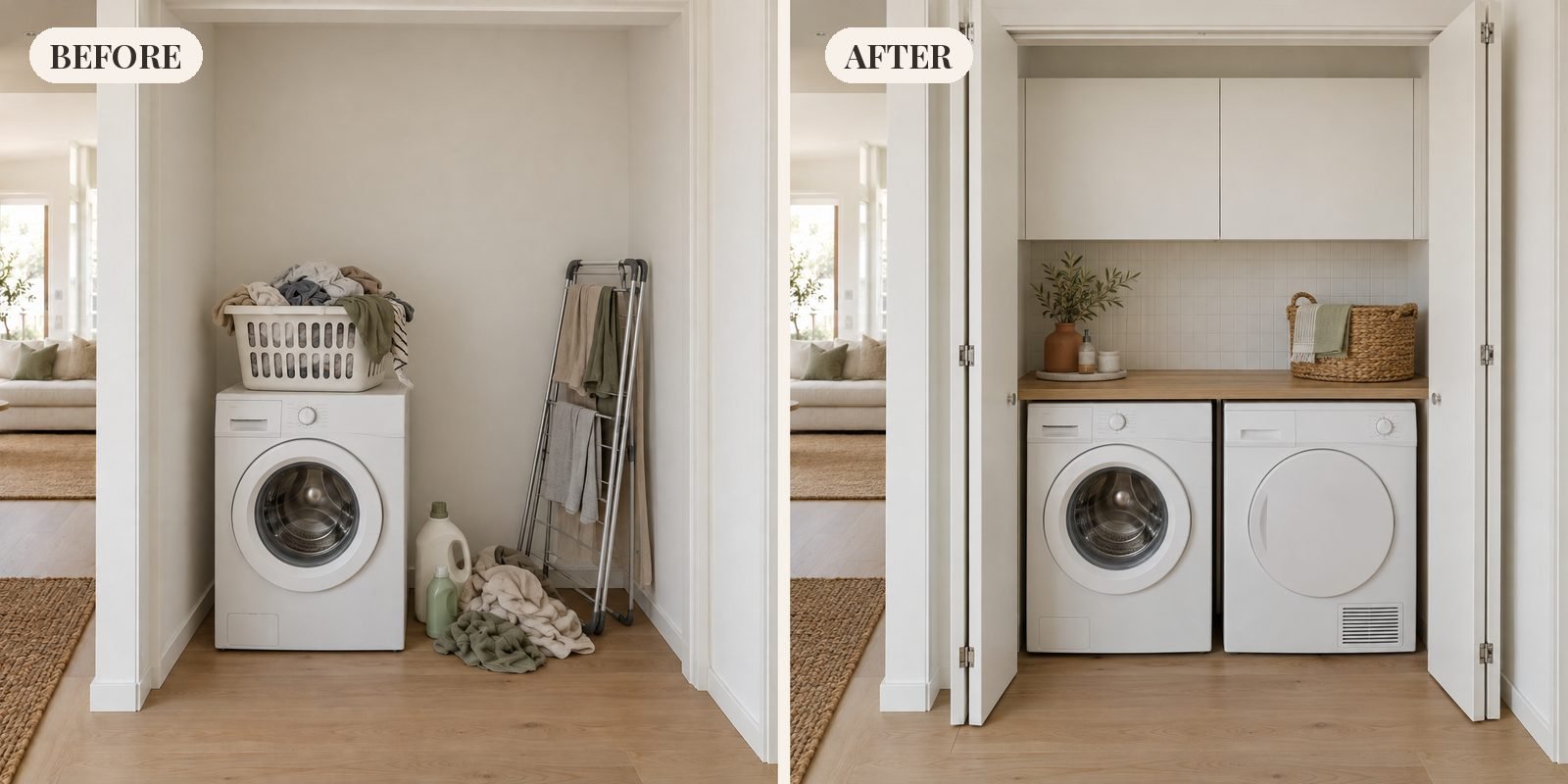 Hallway laundry before and after: a lone washer with a basket of clothes and an airer in a bare alcove on the left; the same alcove as a European laundry with bifold doors, benchtop and overhead cupboards on the right