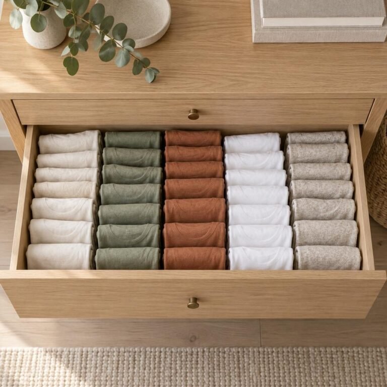 How to fold clothes to save space: T-shirts file-folded upright in neat color-sorted rows inside an open white oak dresser drawer