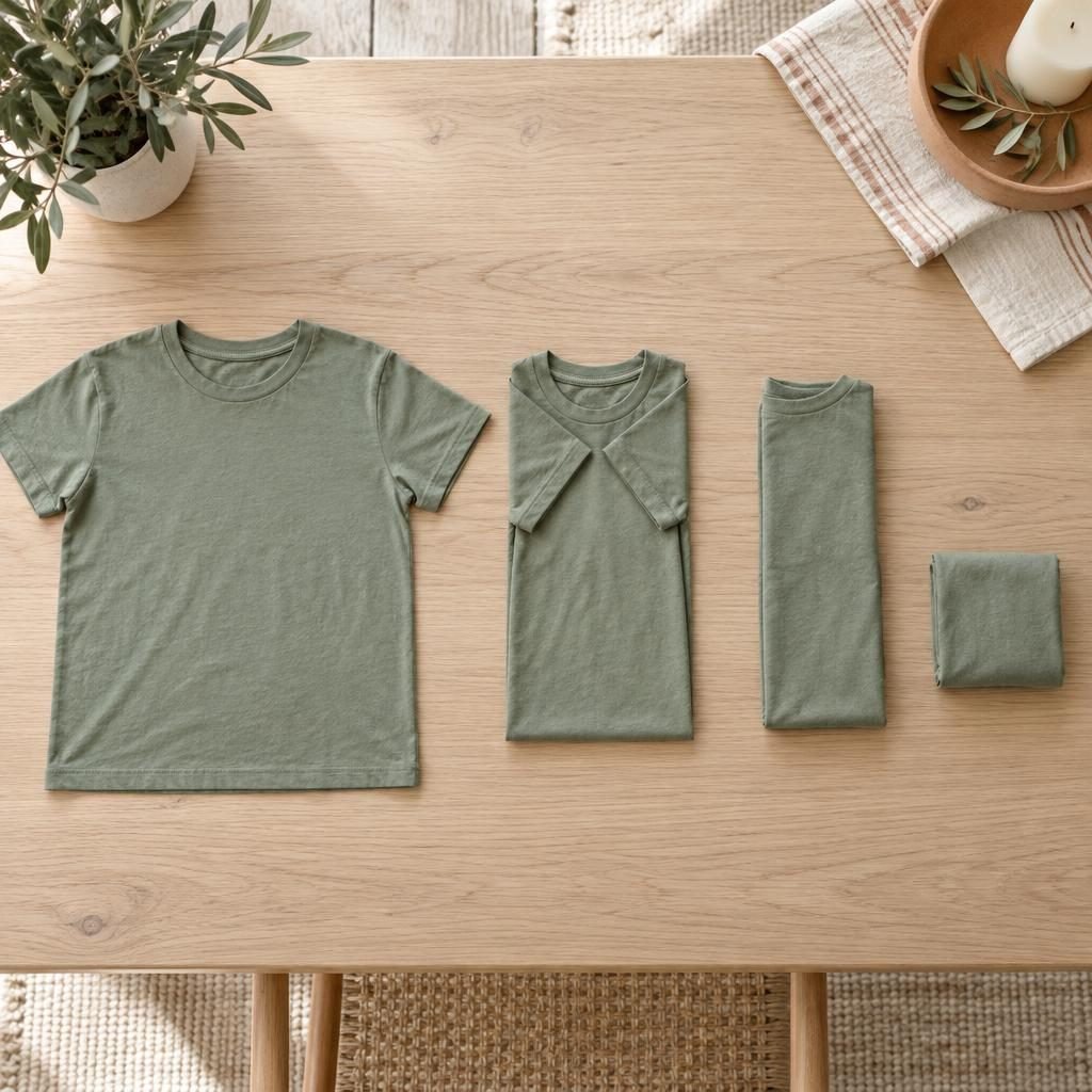 Sage green T-shirt shown in four folding stages on an oak table: laid flat, sleeves folded in, folded lengthwise and folded into a small upright rectangle