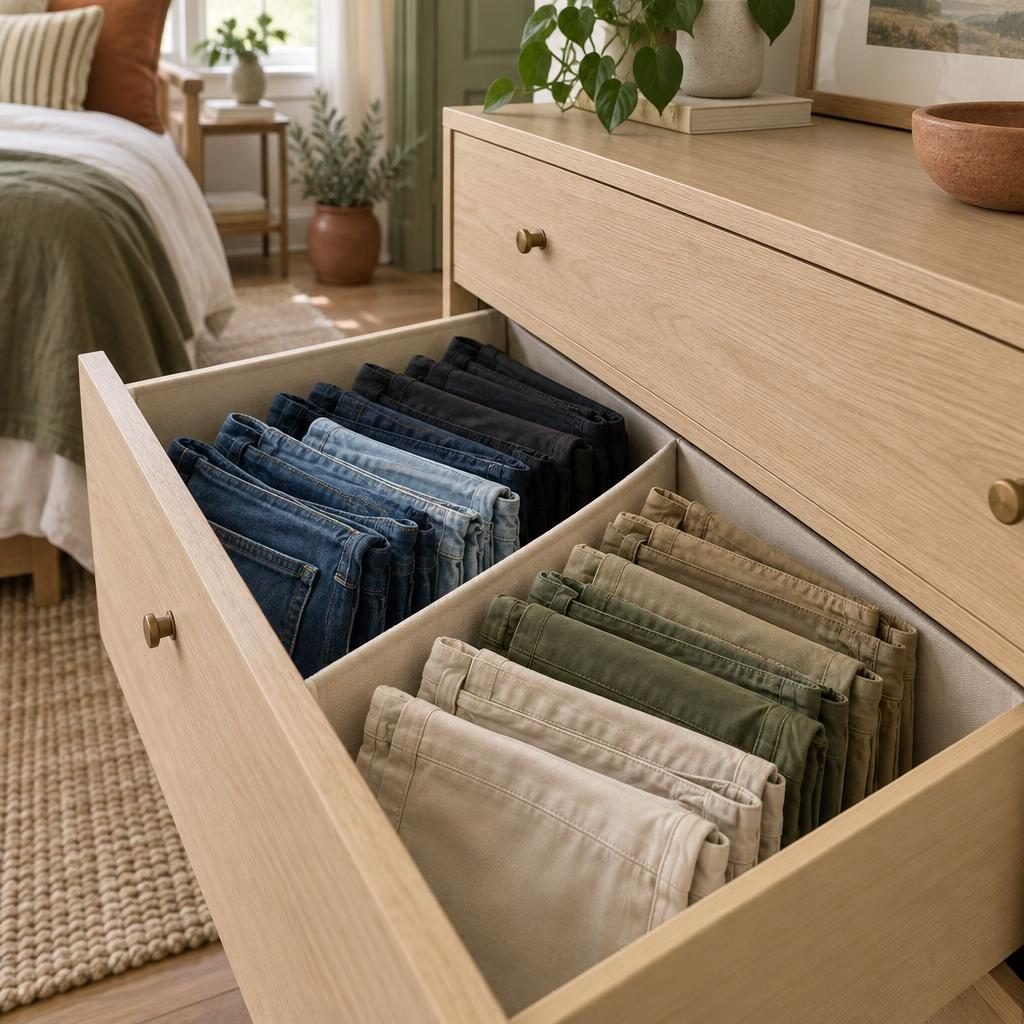 Jeans and chinos folded into thirds and filed upright in a deep oak dresser drawer with a fabric divider between denim and khaki