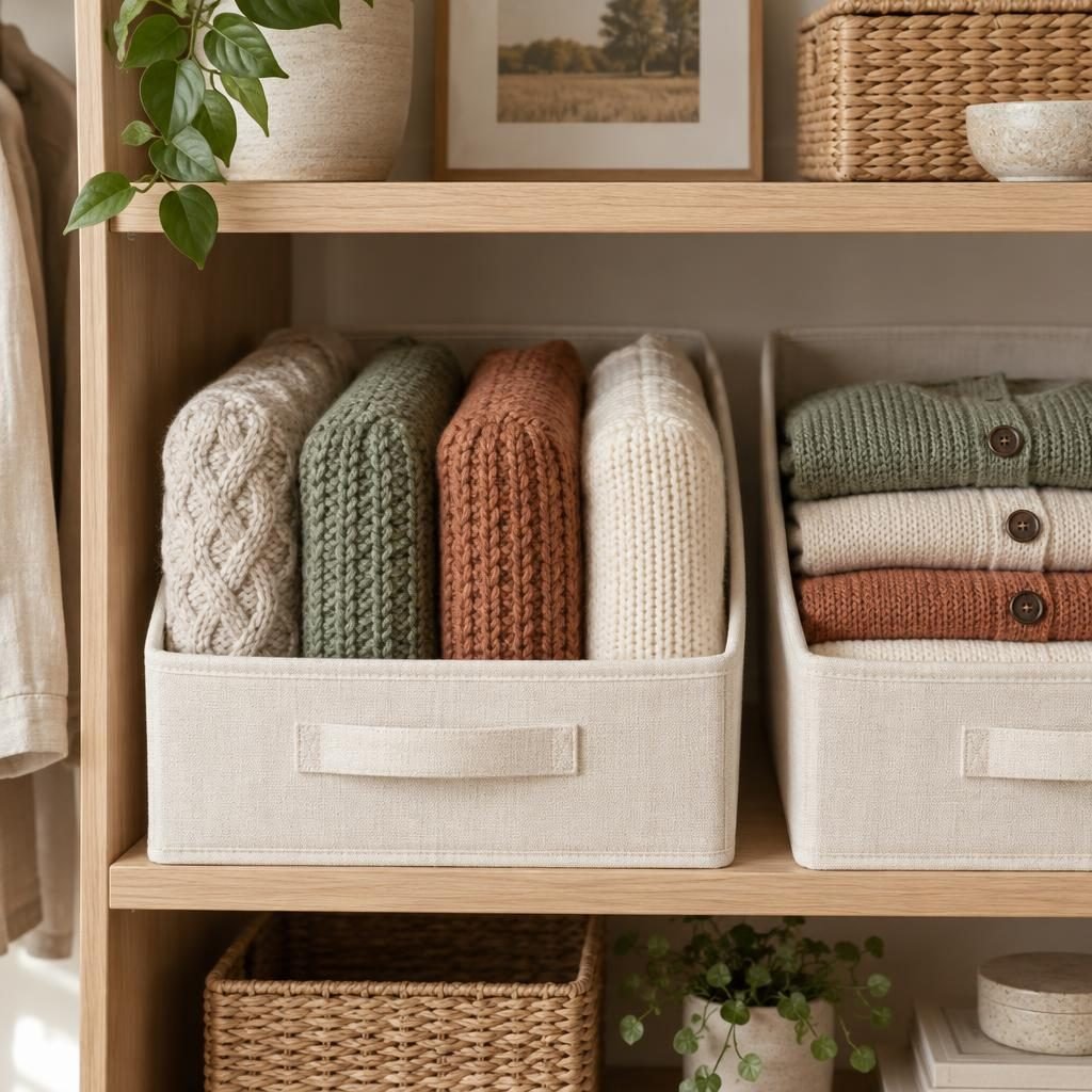 Knit sweaters folded into compact rectangles standing upright in a cream fabric box on an oak shelf, next to a box of folded cardigans