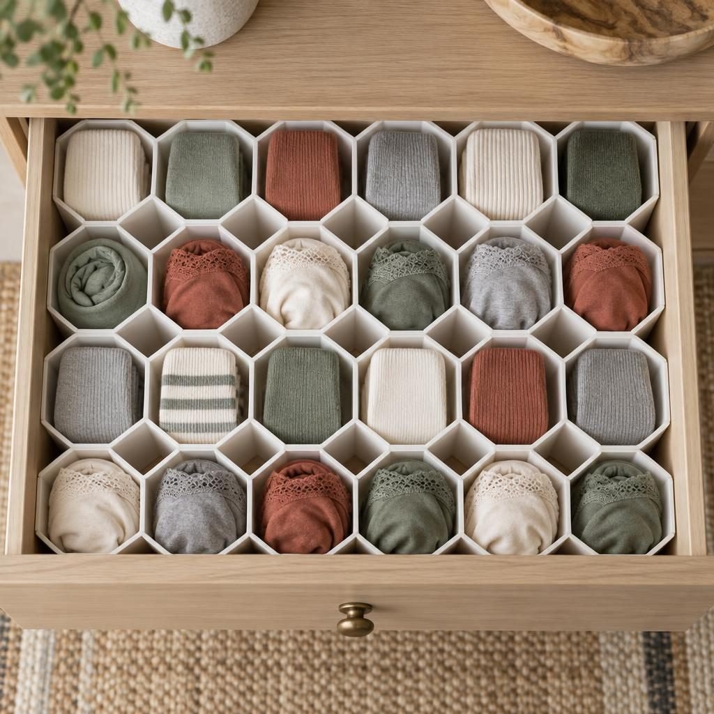 Shallow drawer with a white honeycomb divider holding socks folded flat and rolled underwear, one item per cell