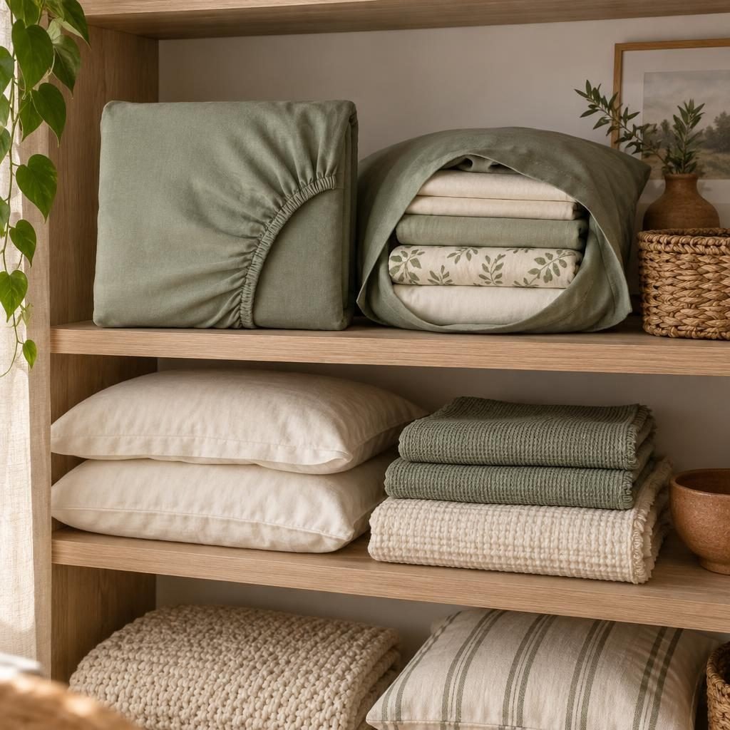 Fitted sheet folded into a neat square next to a sheet set stored inside its matching pillowcase on an oak linen shelf