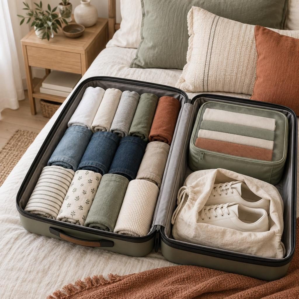 How to fold clothes to save space in luggage: carry-on suitcase packed with rolled T-shirts and jeans, a packing cube and shoes in a cloth bag