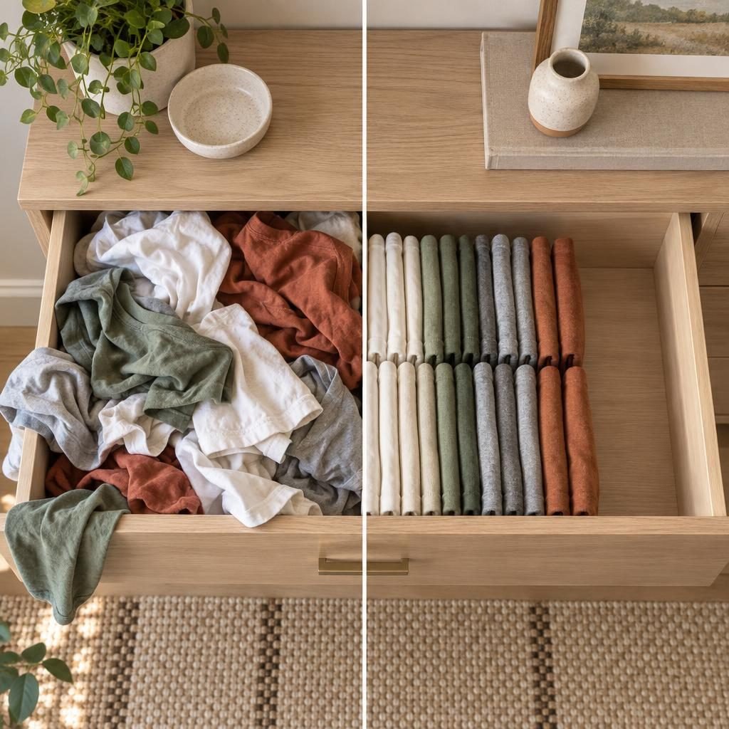 Dresser drawer before and after: crumpled T-shirts piled on top of each other next to the same drawer with every shirt file-folded upright and space left over