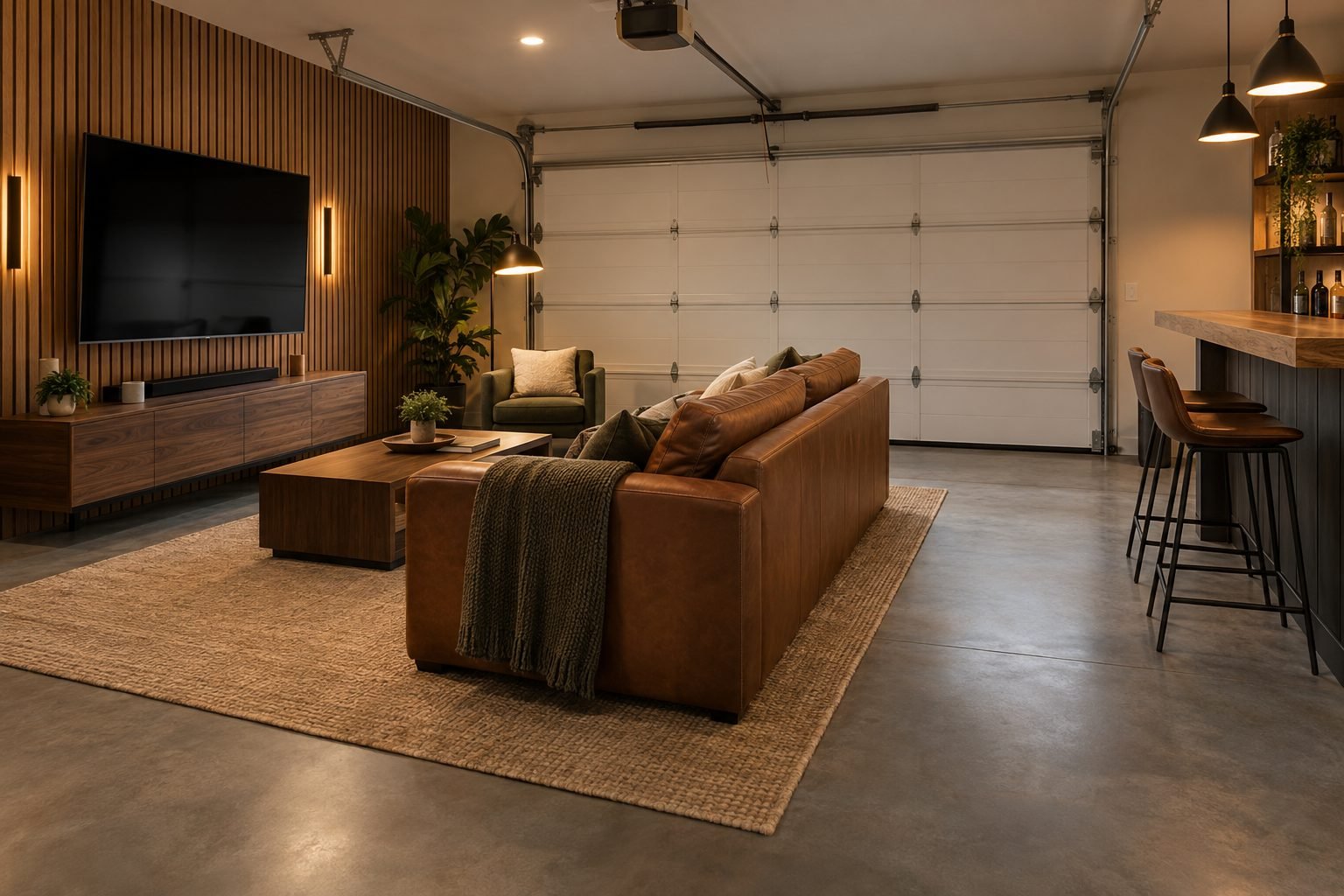 Garage man cave with a cognac leather sofa on a jute rug, a wall-mounted TV on a wood slat wall and a bar with leather stools