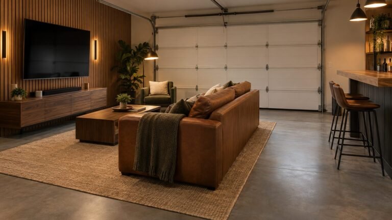 Garage man cave with a leather sofa, a wall-mounted TV and a bar