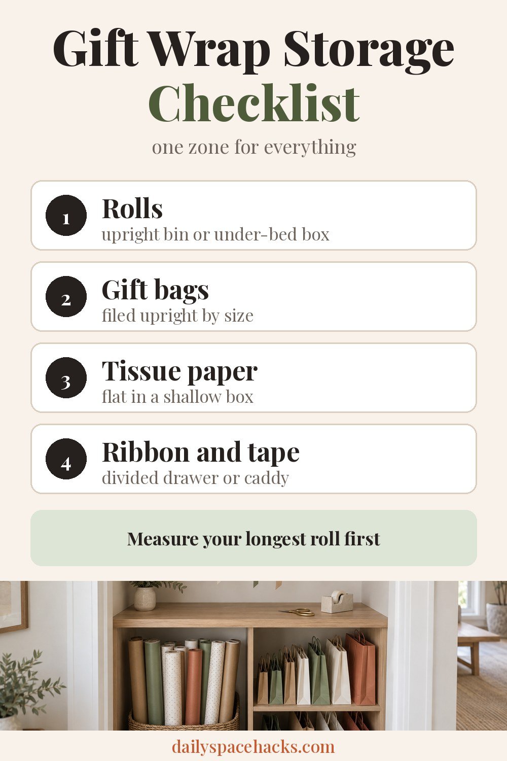 Gift wrap storage checklist: rolls, gift bags, tissue paper and ribbon