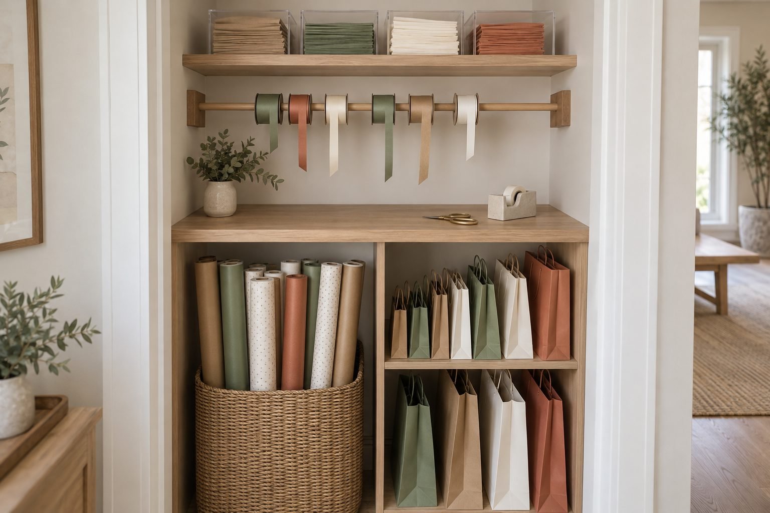Gift wrap storage station in a closet nook: wrapping paper rolls standing in a woven basket, gift bags filed in open cubbies, ribbon spools on a wall dowel and tissue paper in clear bins on the shelf above