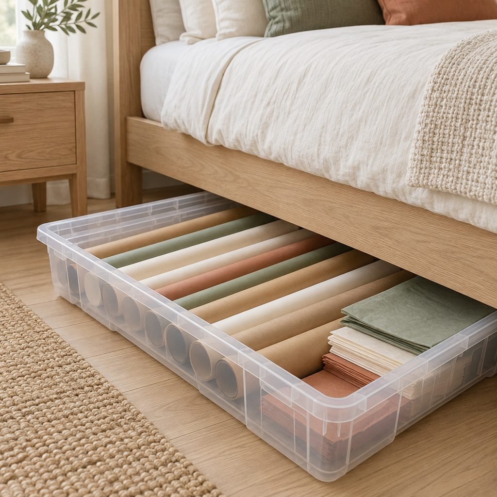 Clear under-bed storage box pulled out from an oak bed, holding wrapping paper rolls lying flat and folded tissue paper