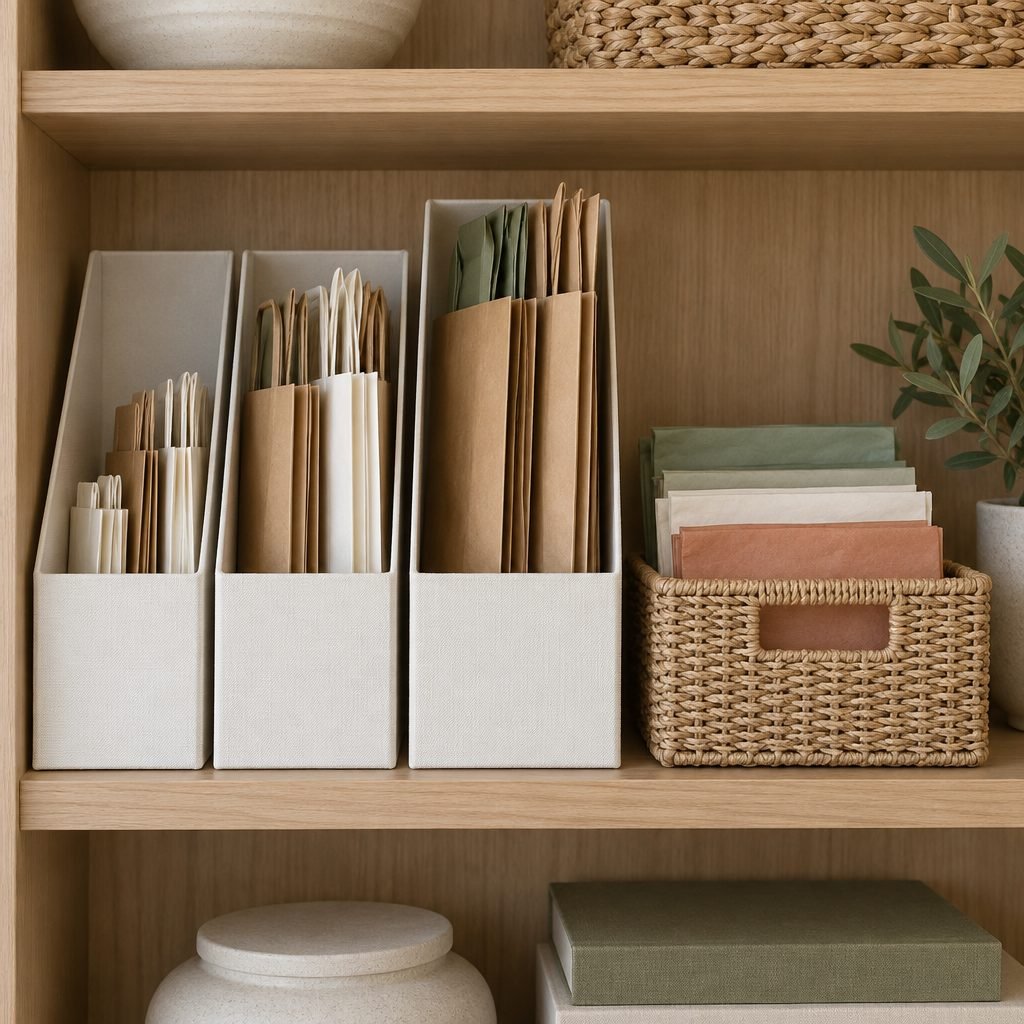 Gift bag storage: folded kraft and white gift bags filed upright by size in linen magazine holders on an oak shelf, beside a woven box of folded tissue paper