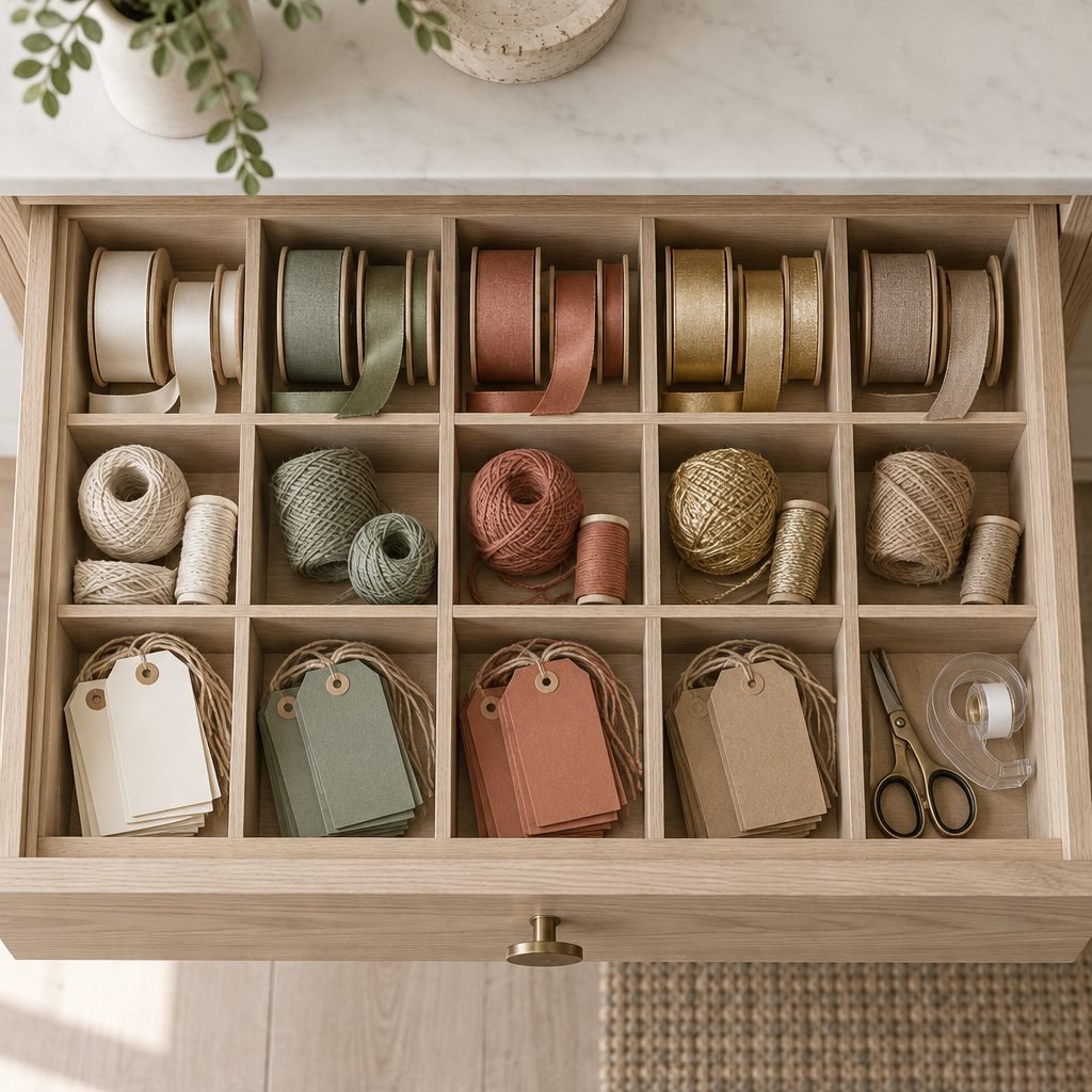Open drawer with wooden dividers holding ribbon spools, twine, blank gift tags, scissors and tape sorted by type and color