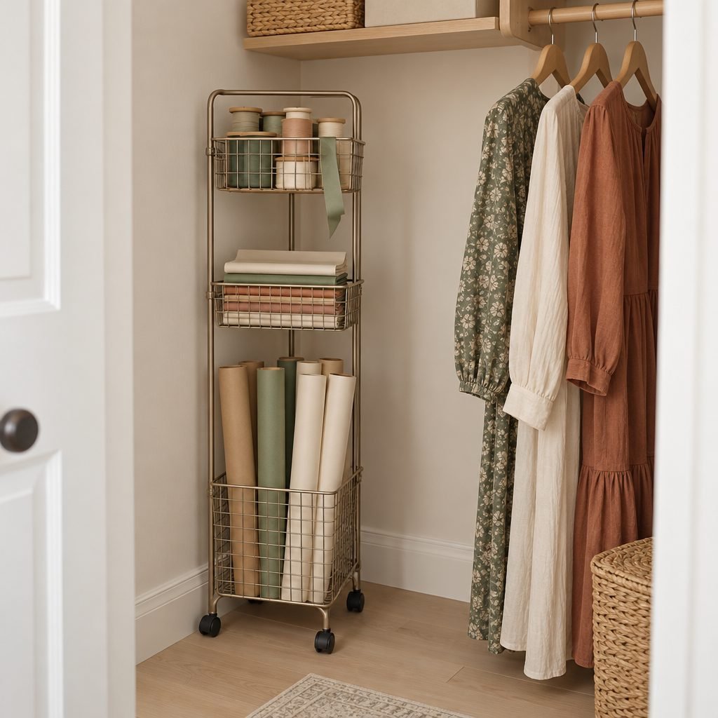 Slim brass rolling cart in a closet corner with wrapping paper rolls in the bottom basket, folded tissue paper in the middle and ribbon spools on top, beside dresses on wood hangers