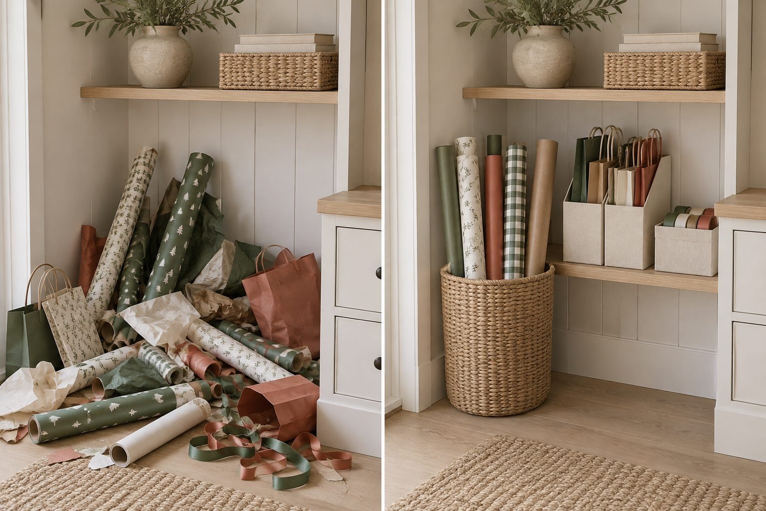 Gift wrap storage before and after: wrapping paper, gift bags and ribbon piled on the floor on the left, the same corner with rolls in a basket and bags in file holders on the right