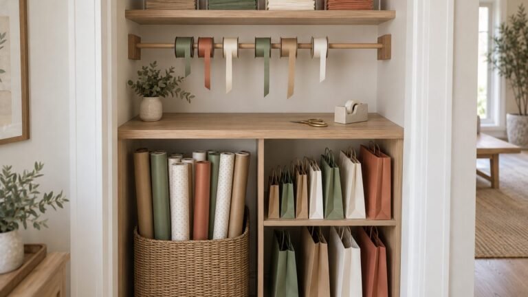 Gift wrap storage ideas: a closet wrapping station with paper rolls in a basket, gift bags in cubbies and ribbon on a dowel