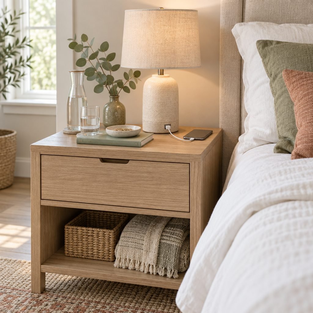 Oak nightstand with a ceramic lamp, a water carafe and glass, a small dish, eucalyptus, a book and a phone charging