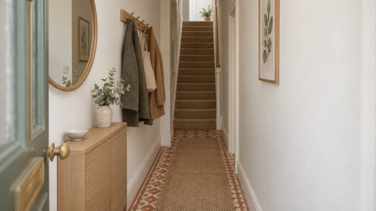 Narrow terraced hallway with a slim oak shoe cabinet, round oak mirror, peg rail with two coats and a bag, and a jute runner on patterned tiles leading to the stairs