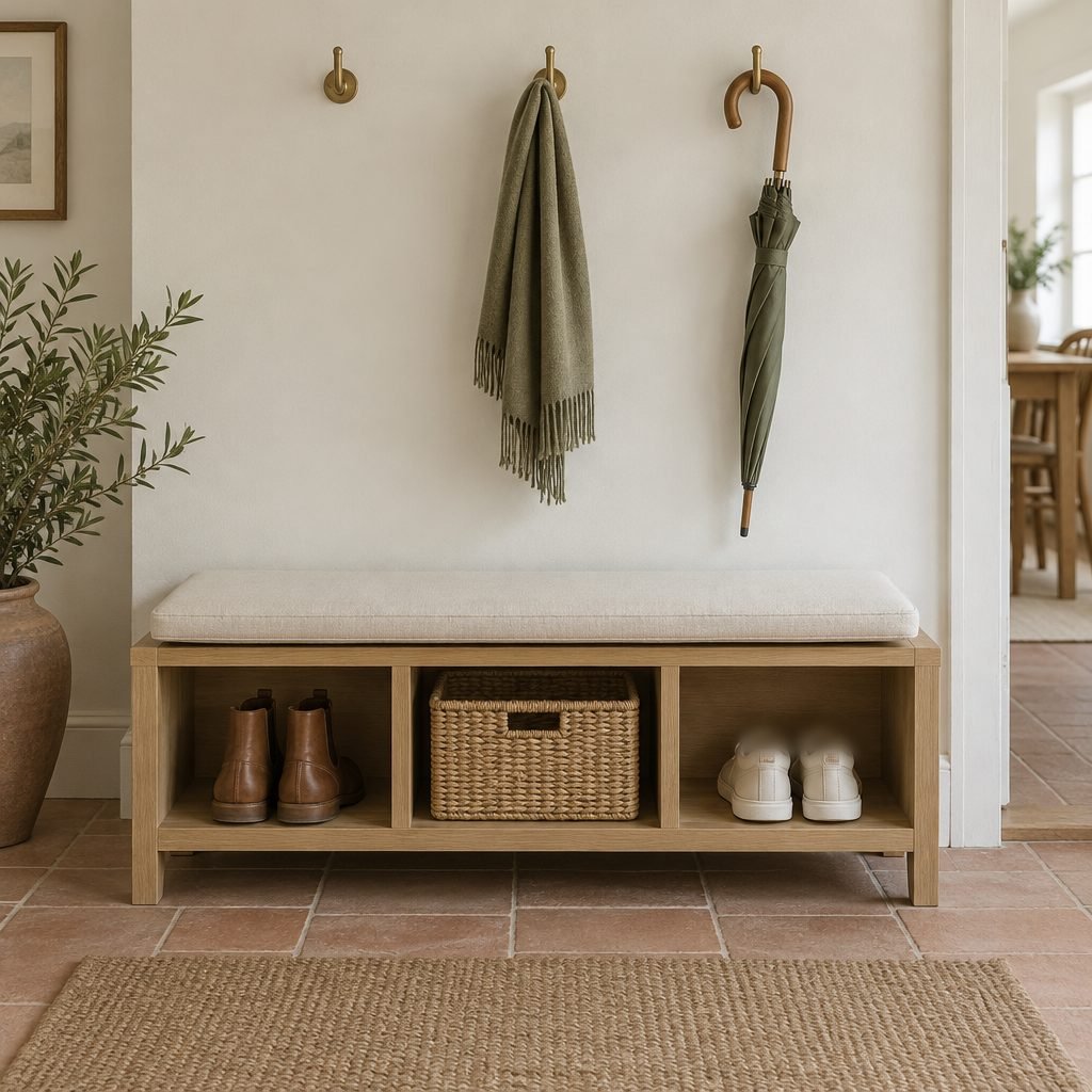 Oak cubby bench with a linen cushion holding ankle boots, a woven basket and trainers, under three brass hooks