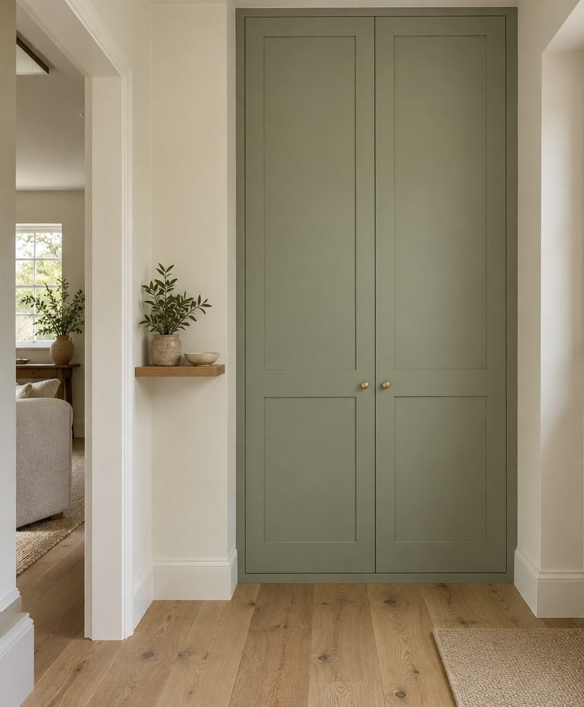 Tall sage green Shaker cupboard with two closed doors built into a hallway alcove