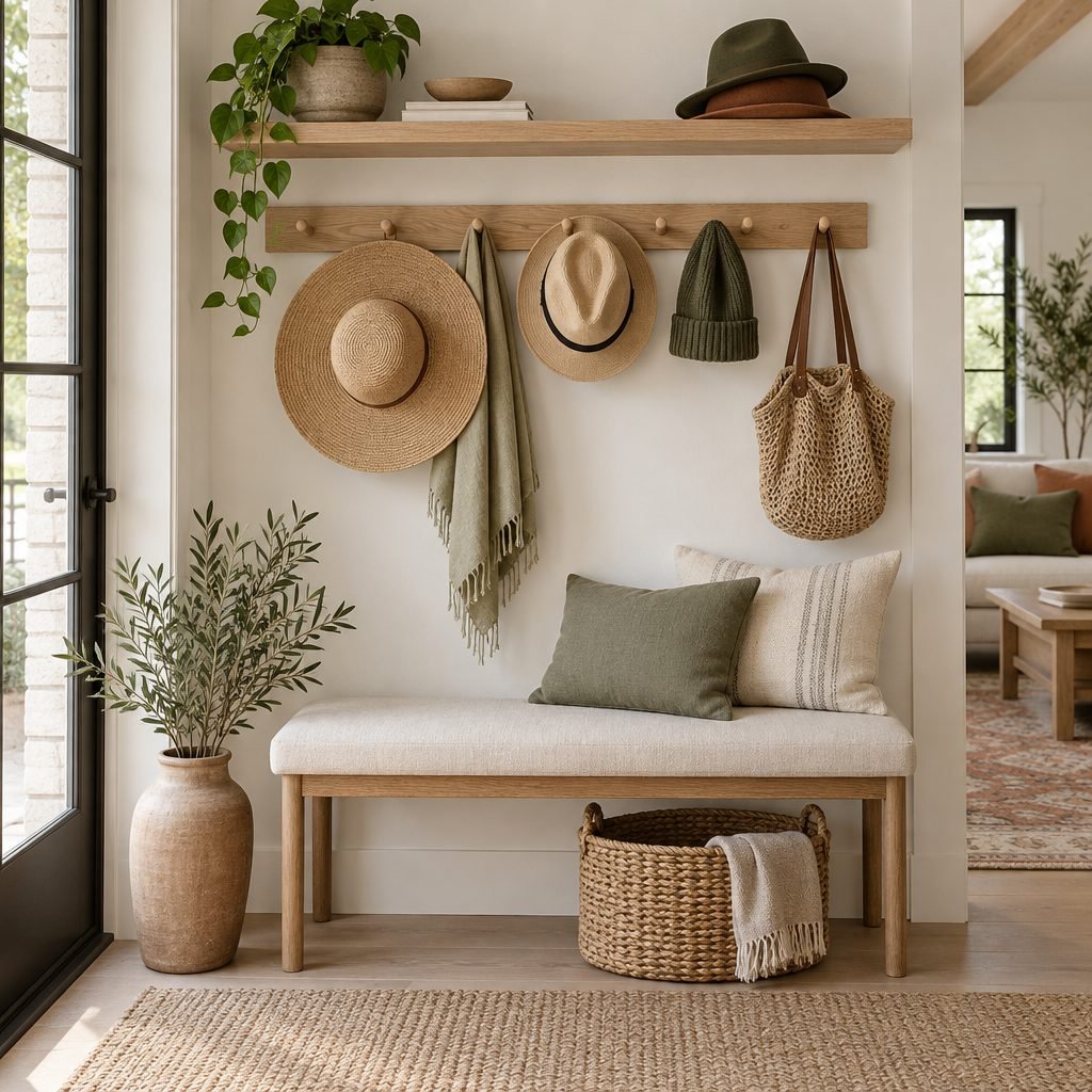 Hat storage ideas: entryway wall with a wooden peg rail holding straw hats, a fedora and a beanie above a linen bench and woven basket