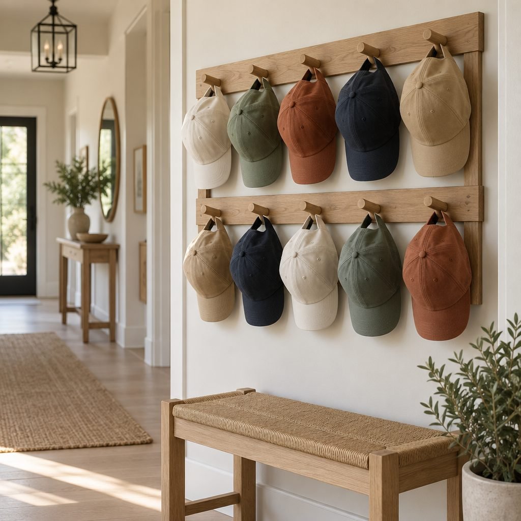 Baseball hat storage idea: two rows of wooden pegs on a hallway wall holding ten caps above a woven bench