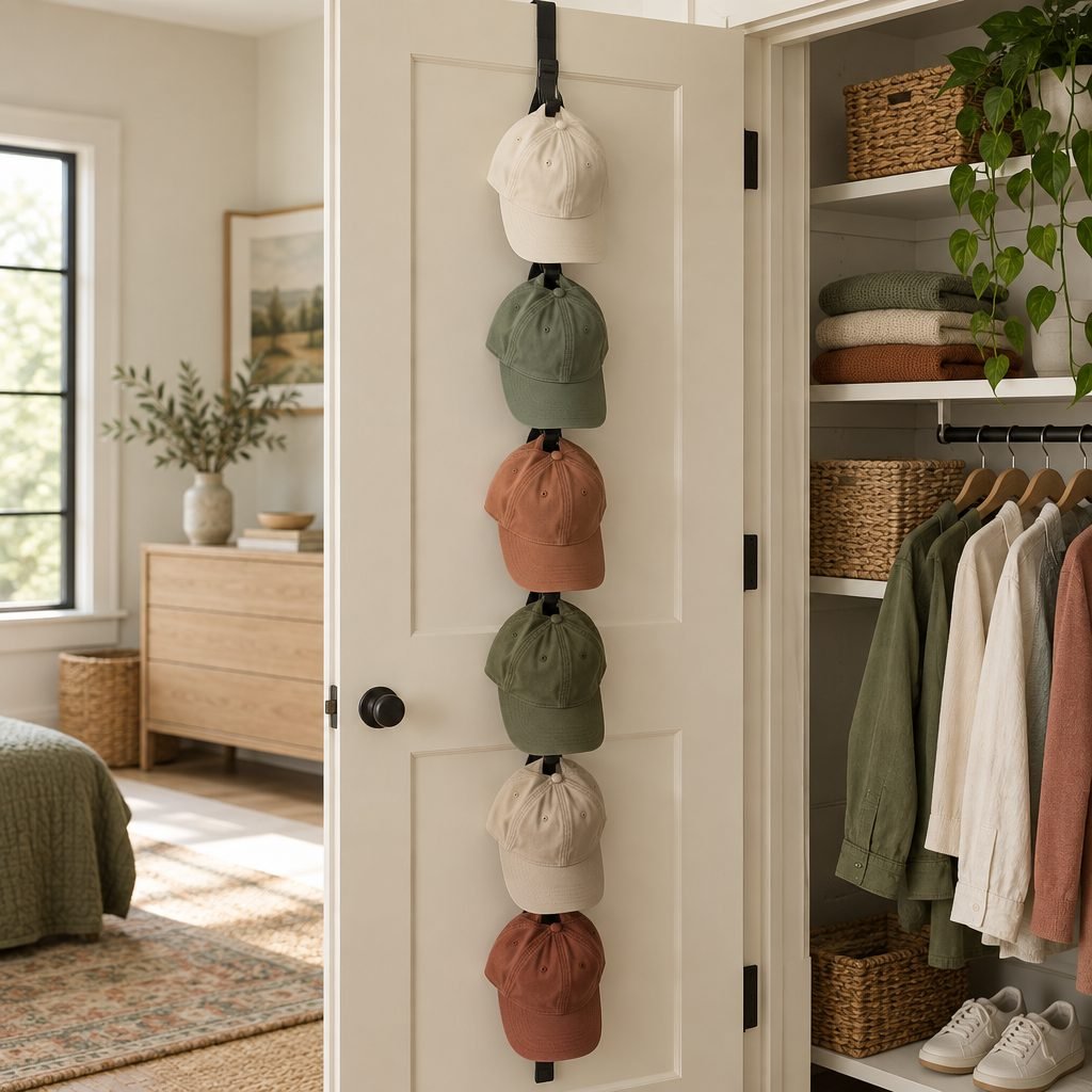 Over-the-door strap hanger holding six baseball caps on a cream bedroom closet door
