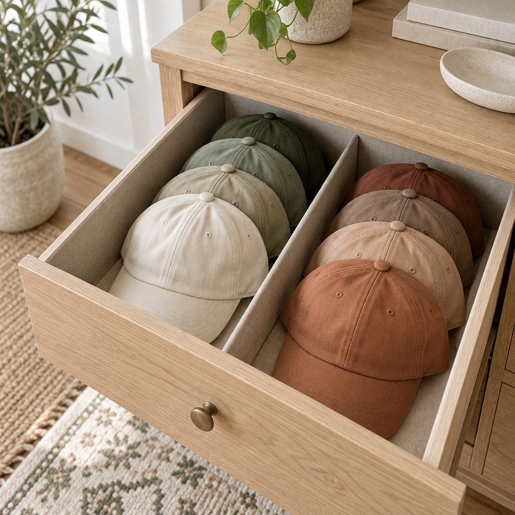 Open oak dresser drawer with a divider and baseball caps nested in two neat rows by color