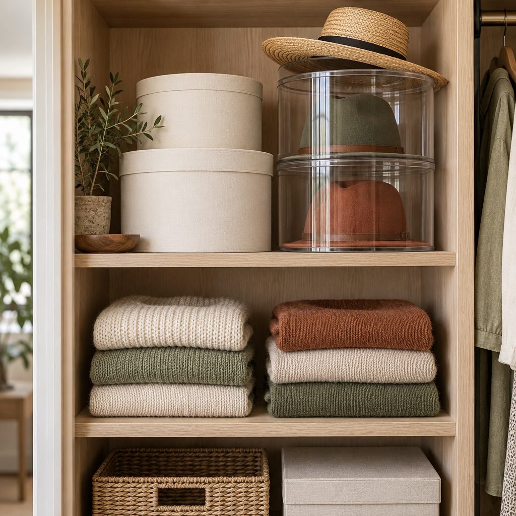 Closet shelf with stacked linen hat boxes and clear hat cases holding felt hats above folded sweaters