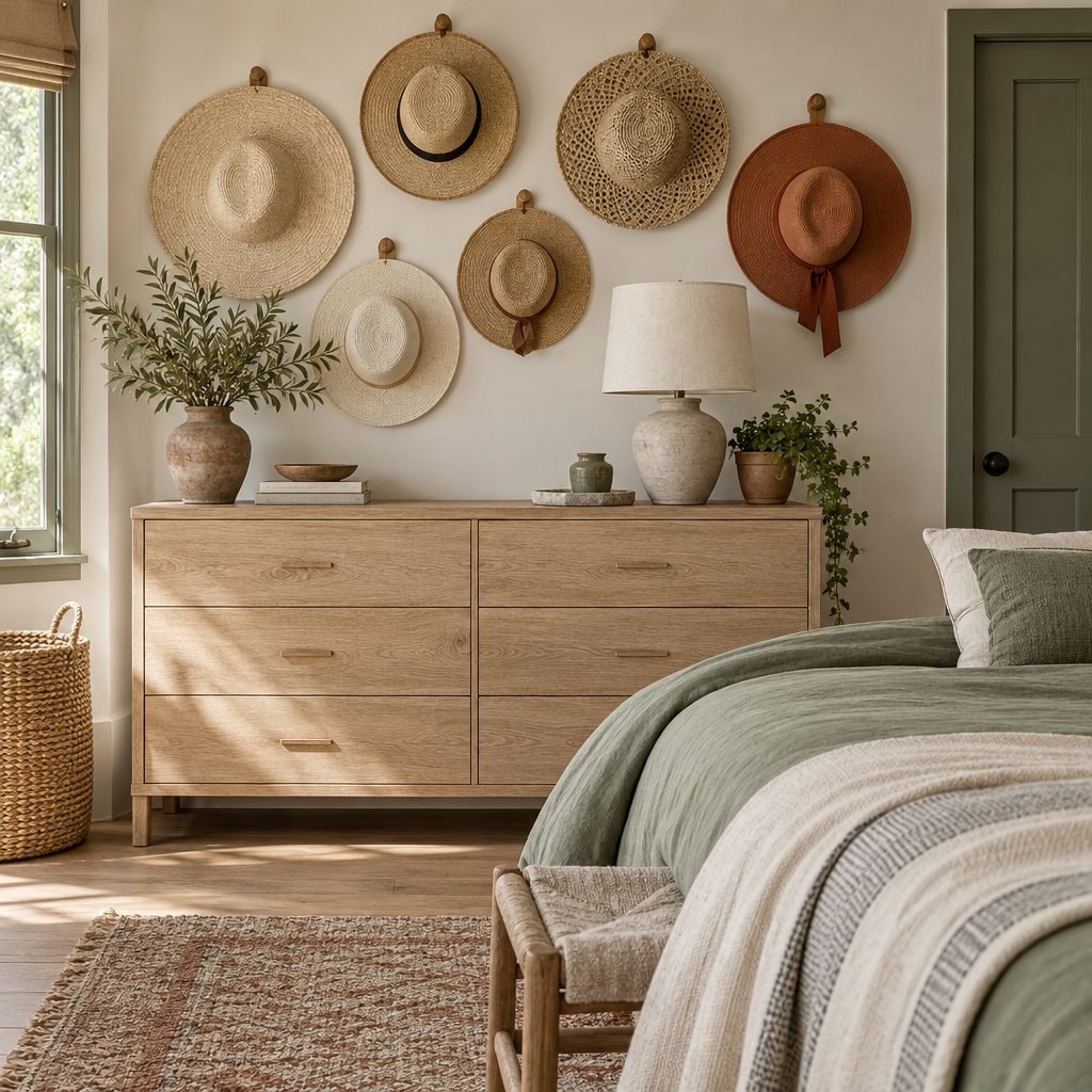 Bedroom wall above an oak dresser with a gallery of wide-brim straw hats hung on wooden pegs