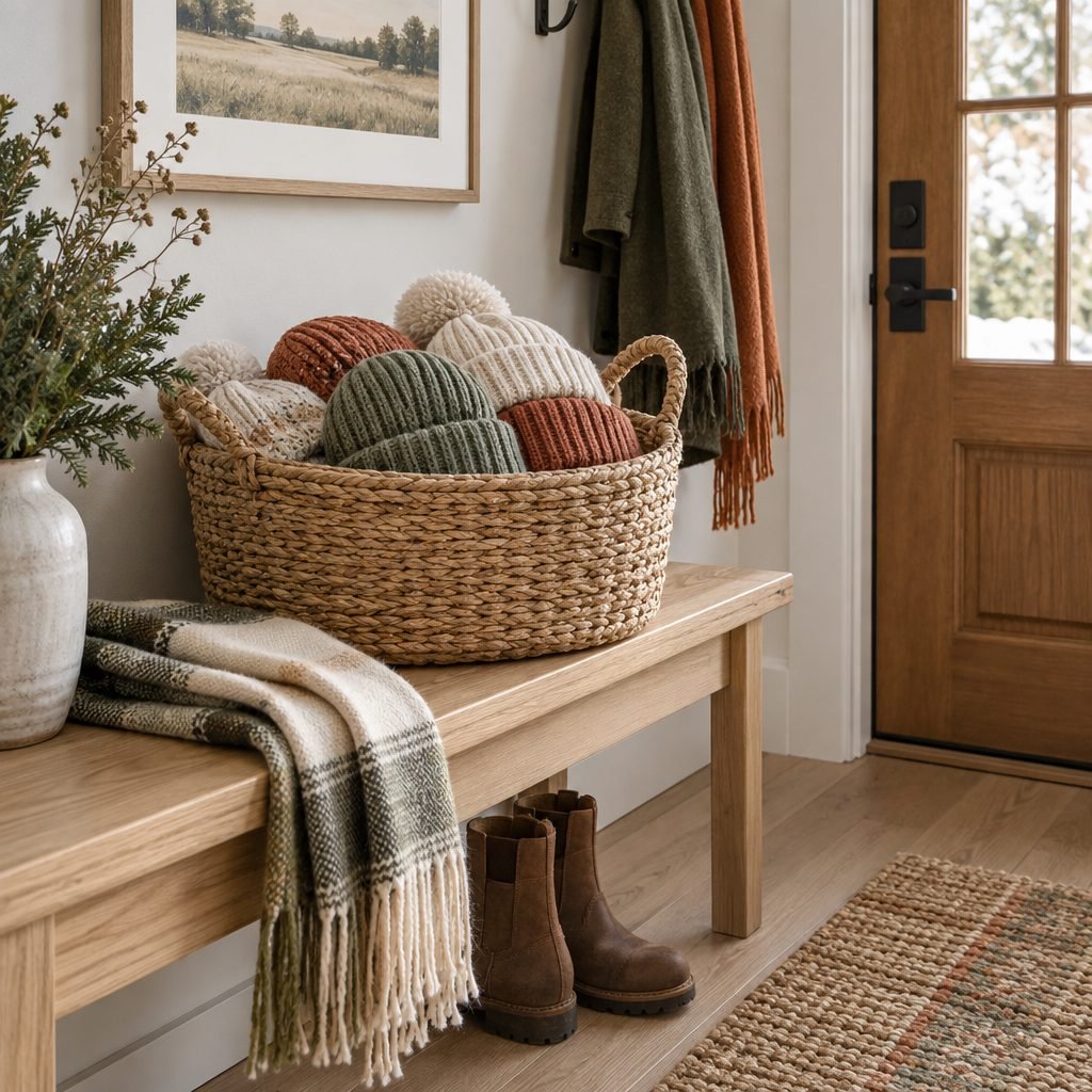 Woven basket full of knit beanies on an oak entryway bench next to scarves, a plaid throw and boots