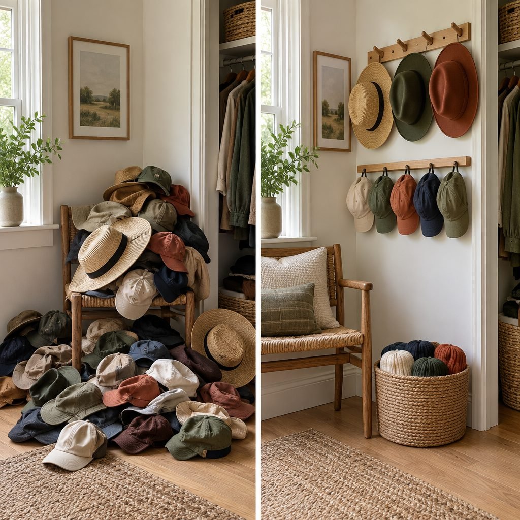 Hat storage before and after: a messy pile of hats on a chair and floor, then the same corner with hats on wall pegs and beanies in a basket