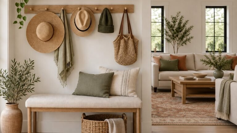 Hat storage ideas: entryway peg rail holding straw hats, a beanie and a bag above a linen bench and woven basket
