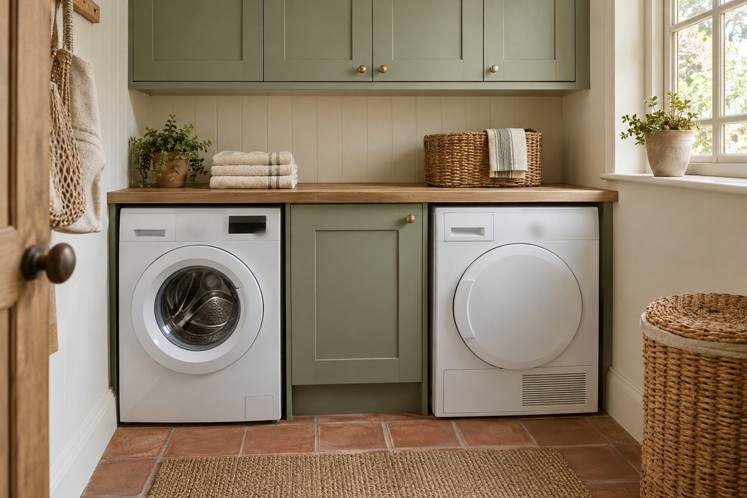 Heat pump vs condenser dryer: a white washing machine with a glass door next to a tumble dryer with a solid door under an oak worktop in a sage green utility room