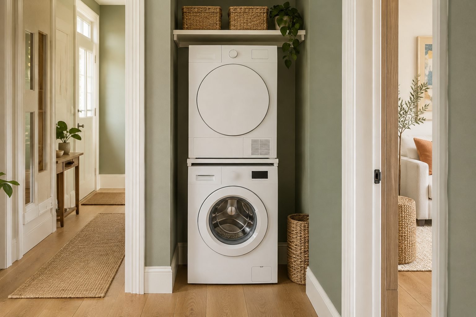 Tumble dryer stacked on a washing machine with a stacking frame in a narrow sage green alcove