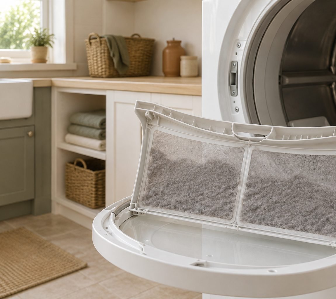 Tumble dryer fluff filter lifted out of the door with its mesh coated in grey lint