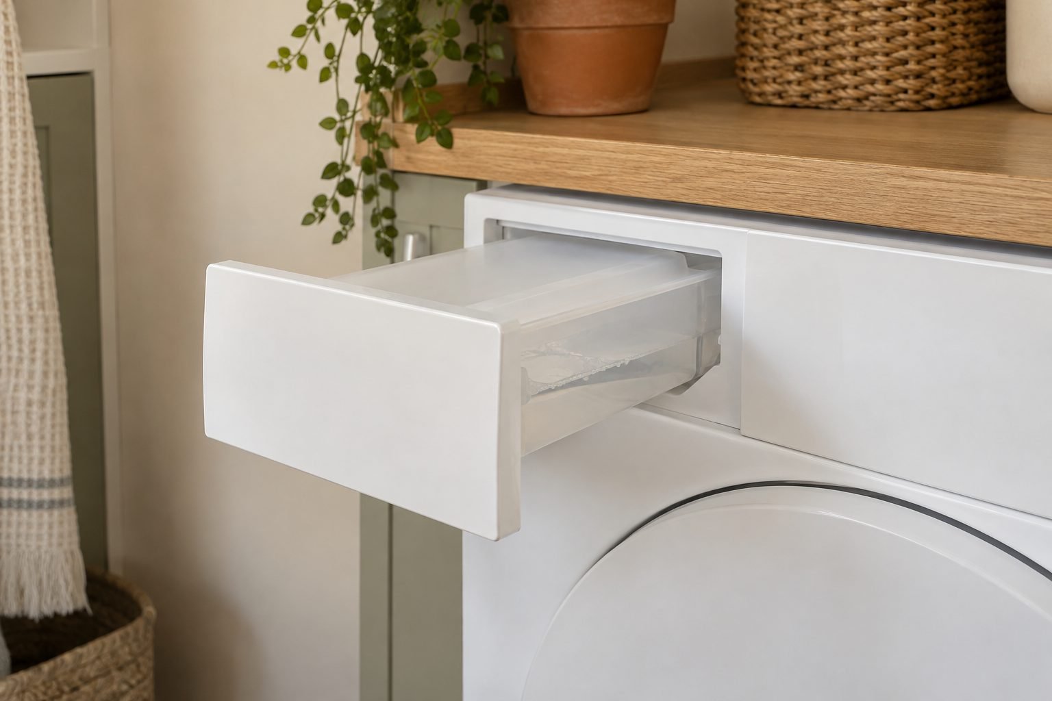 Water container drawer pulled out from the top left of a white condenser dryer under a wooden worktop