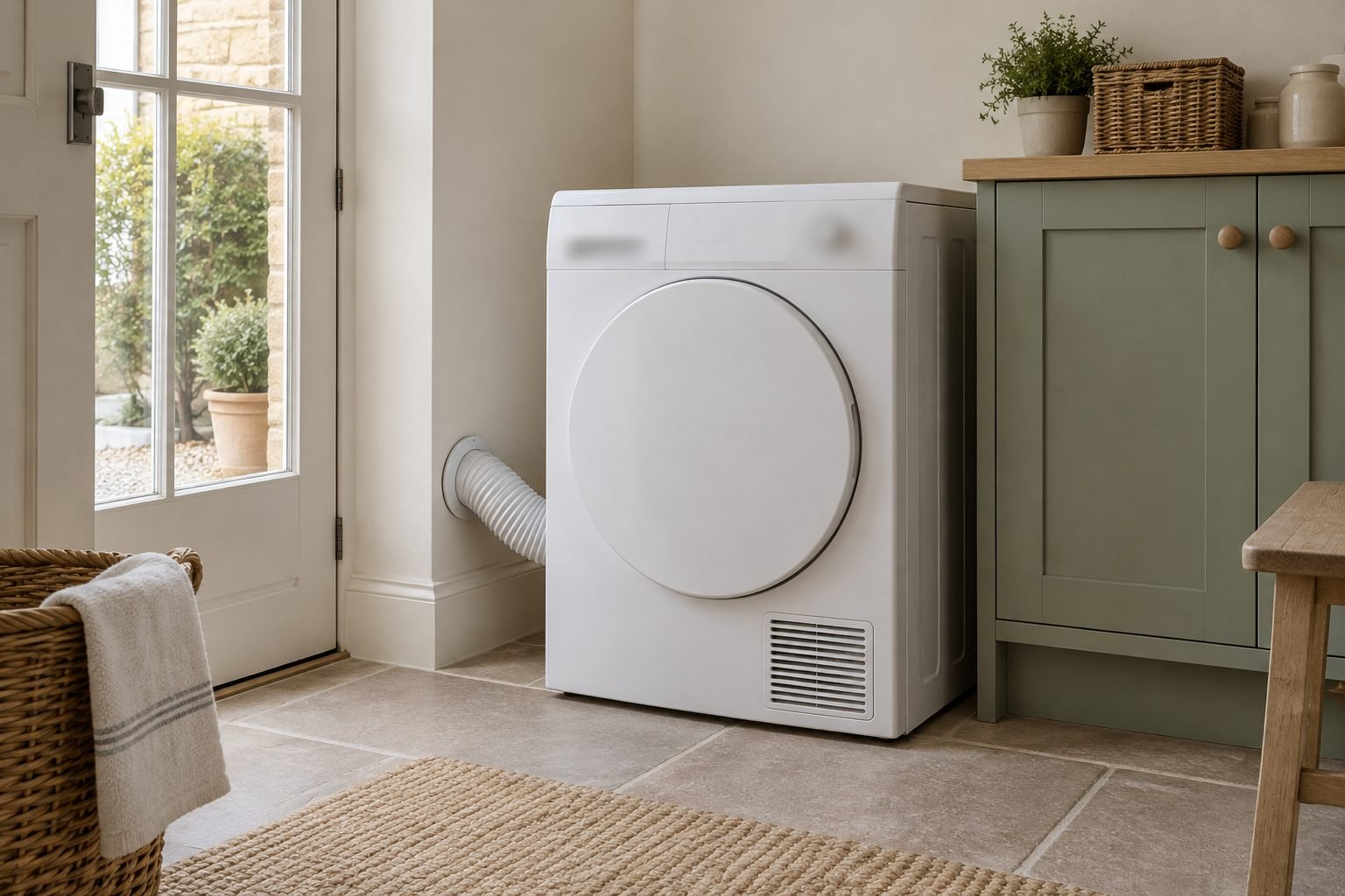 White vented tumble dryer with a flexible hose running to a round vent in an outside wall beside a garden door