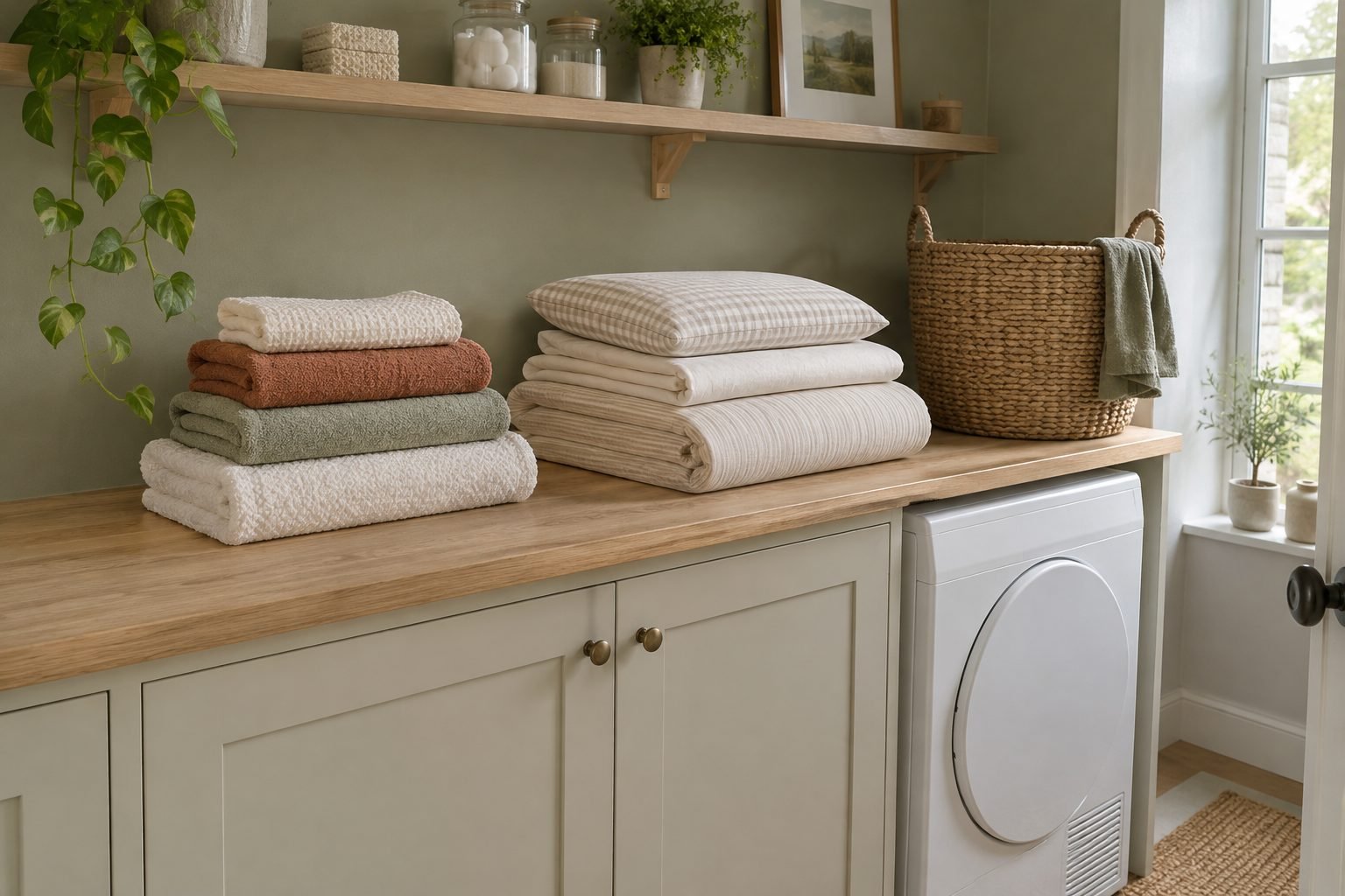 Stacks of folded towels and bedding on an oak worktop with a white tumble dryer fitted underneath