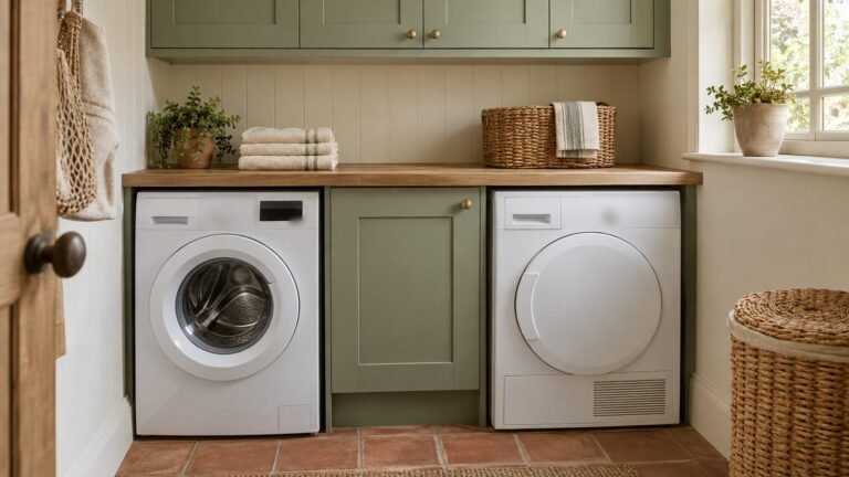 Washing machine and tumble dryer side by side under an oak worktop in a small British utility room