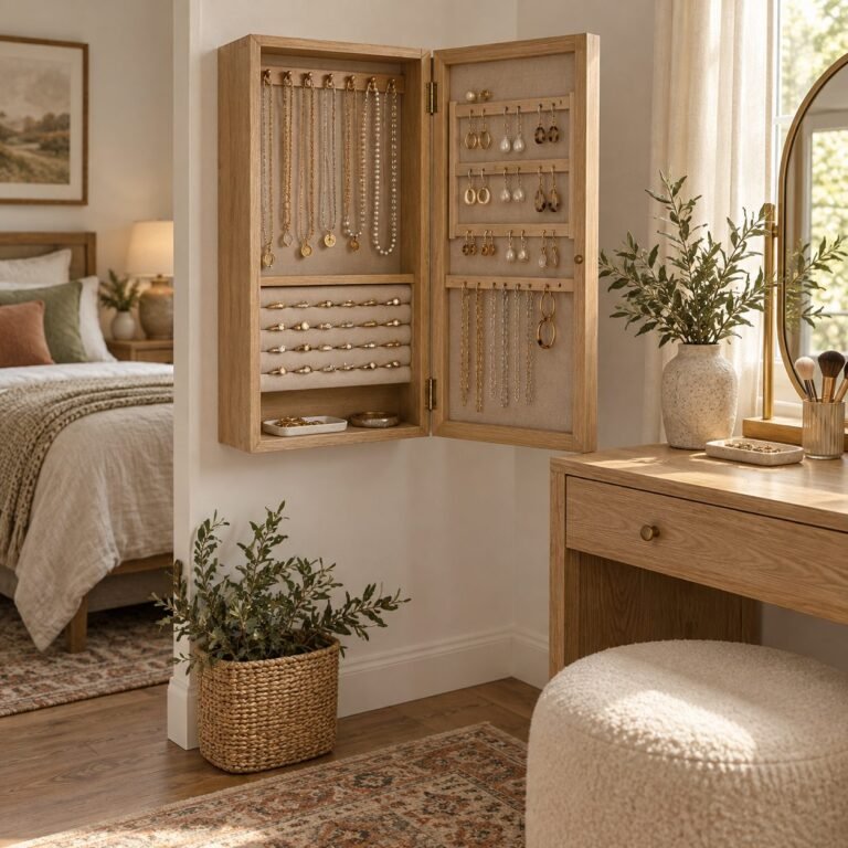 Jewelry storage ideas: open white oak wall cabinet with necklaces on hooks, rings in linen rolls and earrings on the door panel beside a vanity