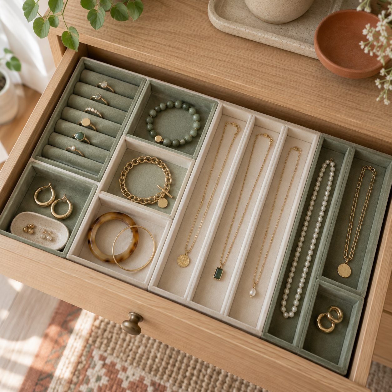Top-down view of a dresser drawer with sage and cream velvet trays holding rings in slots, bracelets in sections and necklaces laid flat