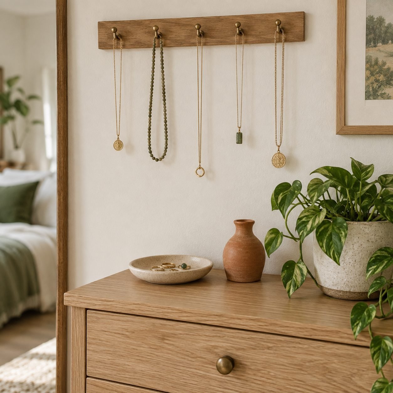 Wooden hook rail on a bedroom wall holding five necklaces above a dresser with a ring dish and a plant