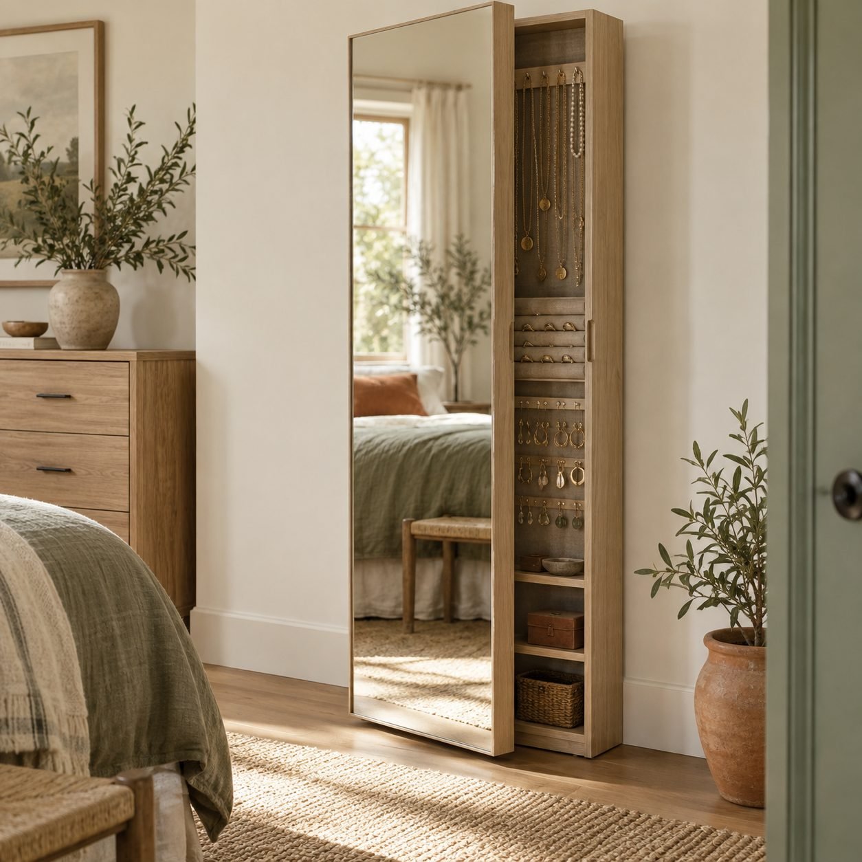 Full-length mirror cabinet in a bedroom slid open to reveal hidden jewelry storage with necklaces, rings, earrings and small shelves