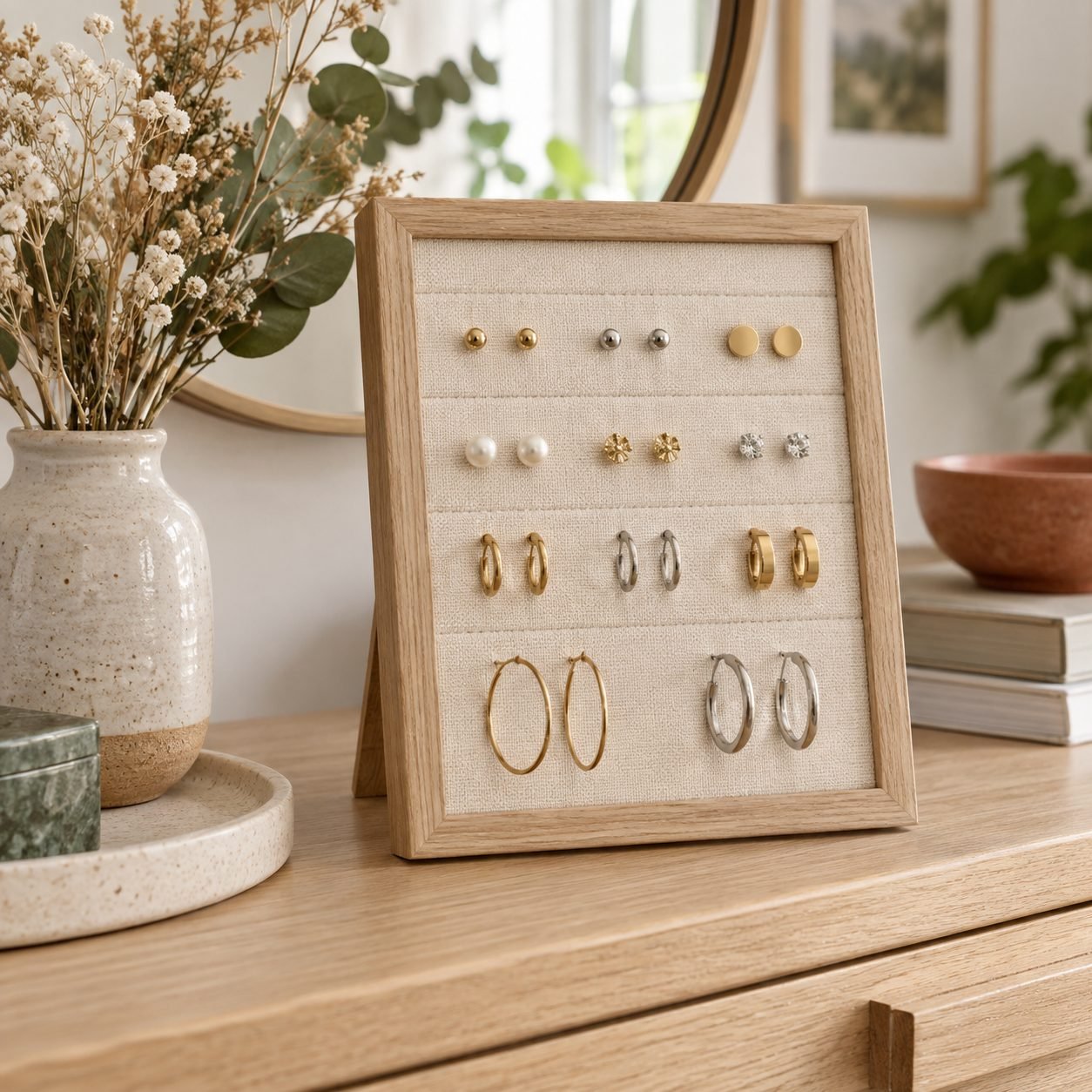 Framed linen earring board on a dresser holding rows of stud and hoop earrings next to dried flowers