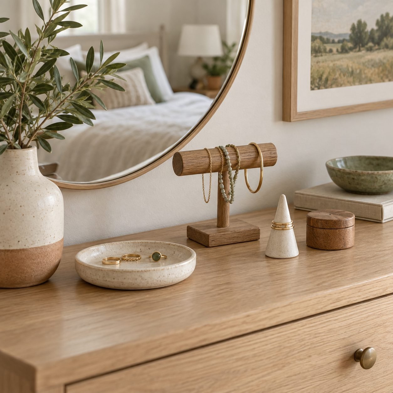 Dresser top with a ceramic ring dish, a wooden bracelet stand, a ring cone and a small lidded box