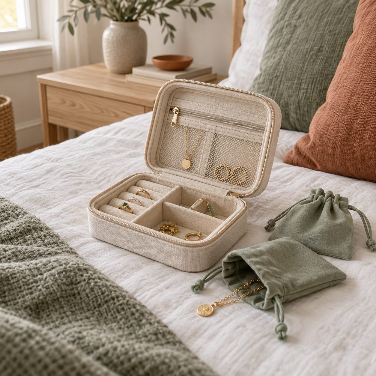 Small cream travel jewelry case open on a bed with ring rolls and zip pockets beside sage drawstring pouches