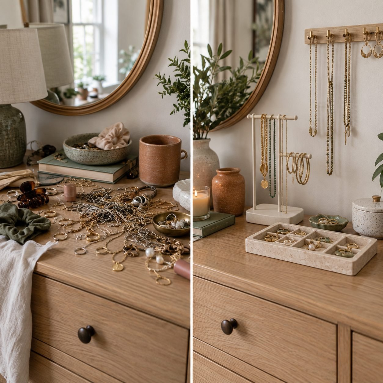 Jewelry storage before and after: tangled necklaces and rings on a dresser, then the same dresser with a necklace stand, ring tray and wall hooks