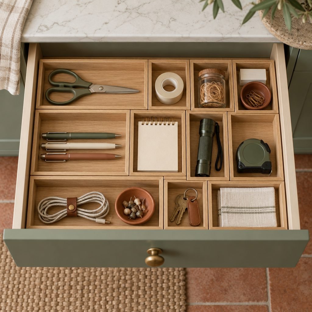 Junk drawer organizer: an open sage green kitchen drawer with modular oak trays holding scissors, tape, pens, a notepad, a jar of rubber bands, a flashlight, a tape measure, keys and a coiled cable